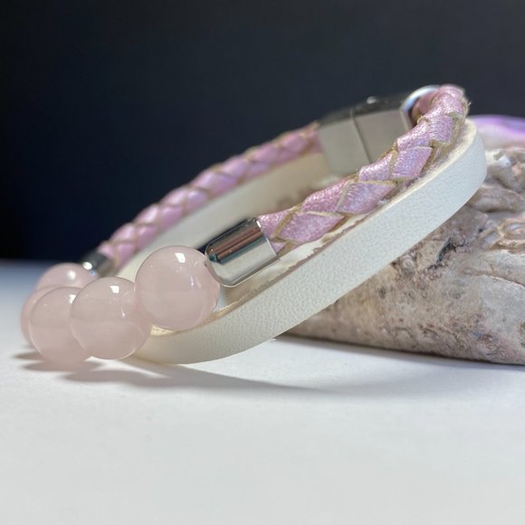 Natural Rose Quartz Beaded Bolo Braided Leather Mother and Daughter Bracelet - Picture 7 of 10